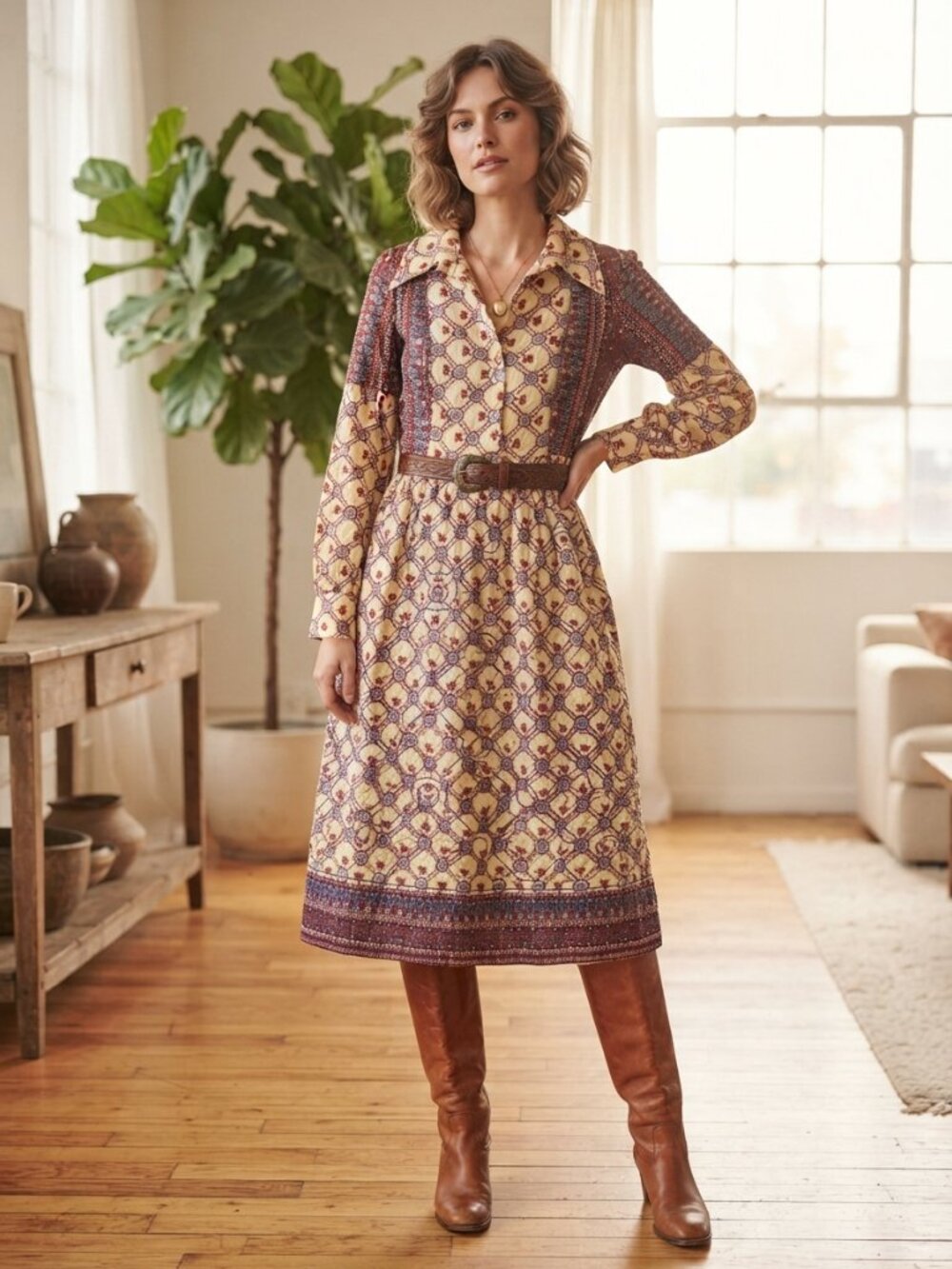 RARE Vintage 1960s-70s Del-Ann's Dallas Quilted Prairie Dress Blue ILGWU Cottage